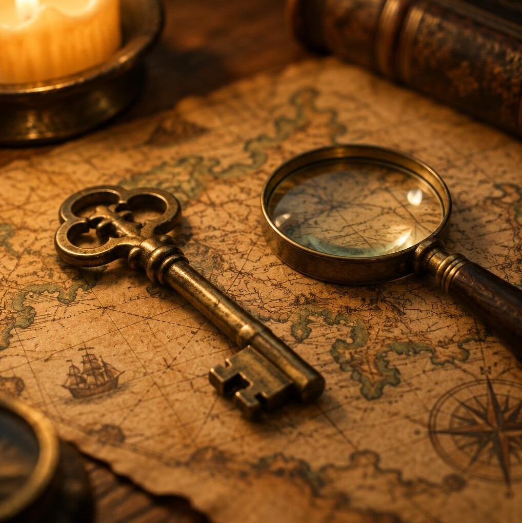 Antique brass key and magnifying glass resting on an old map