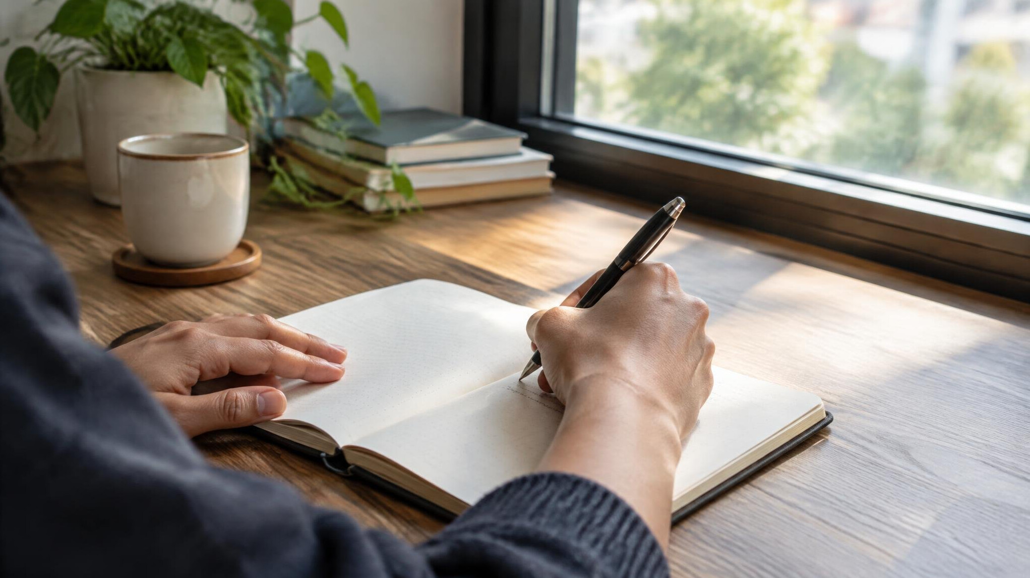 Hands writing in a notebook beside a window with soft daylight