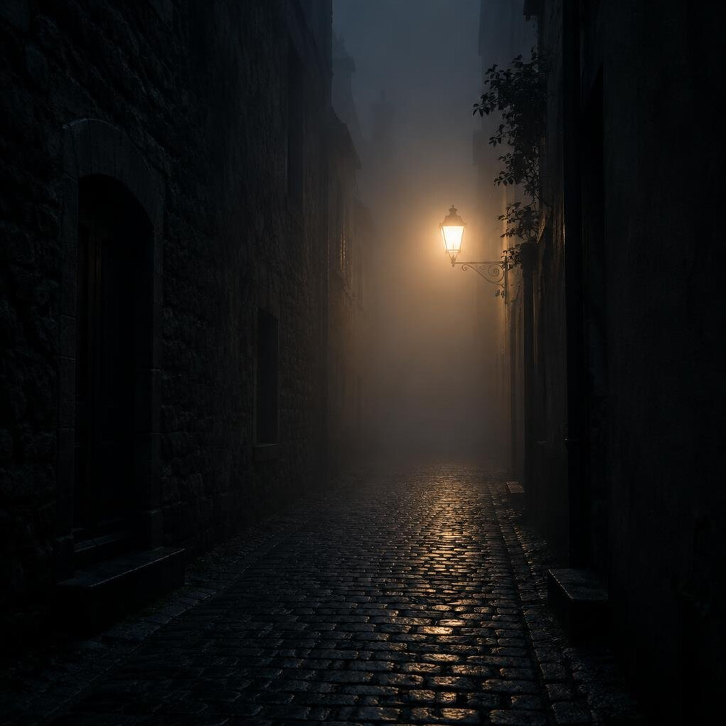 Foggy cobblestone alley at night with a single glowing lamp