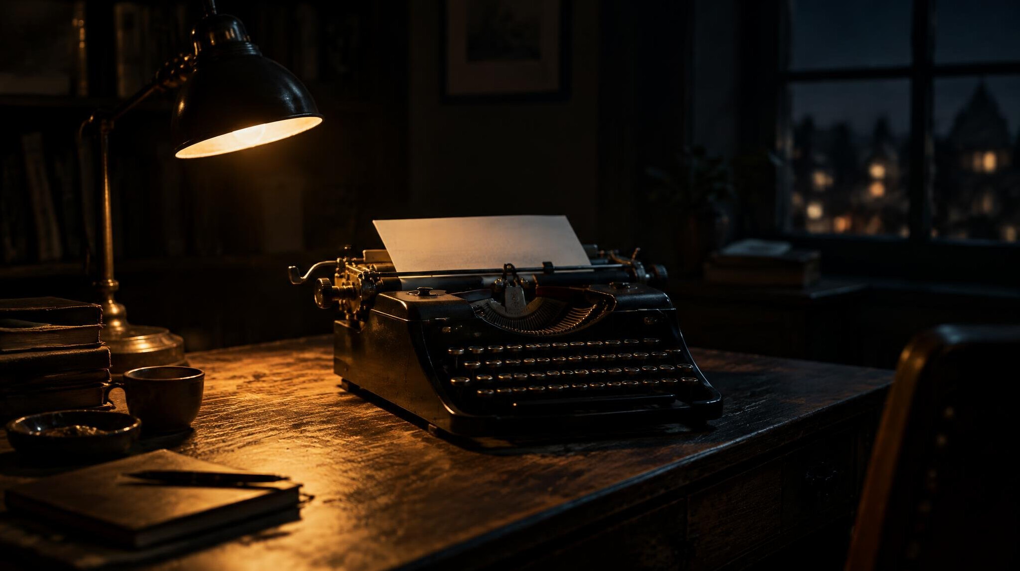 Vintage typewriter with paper on a wooden desk under lamp light