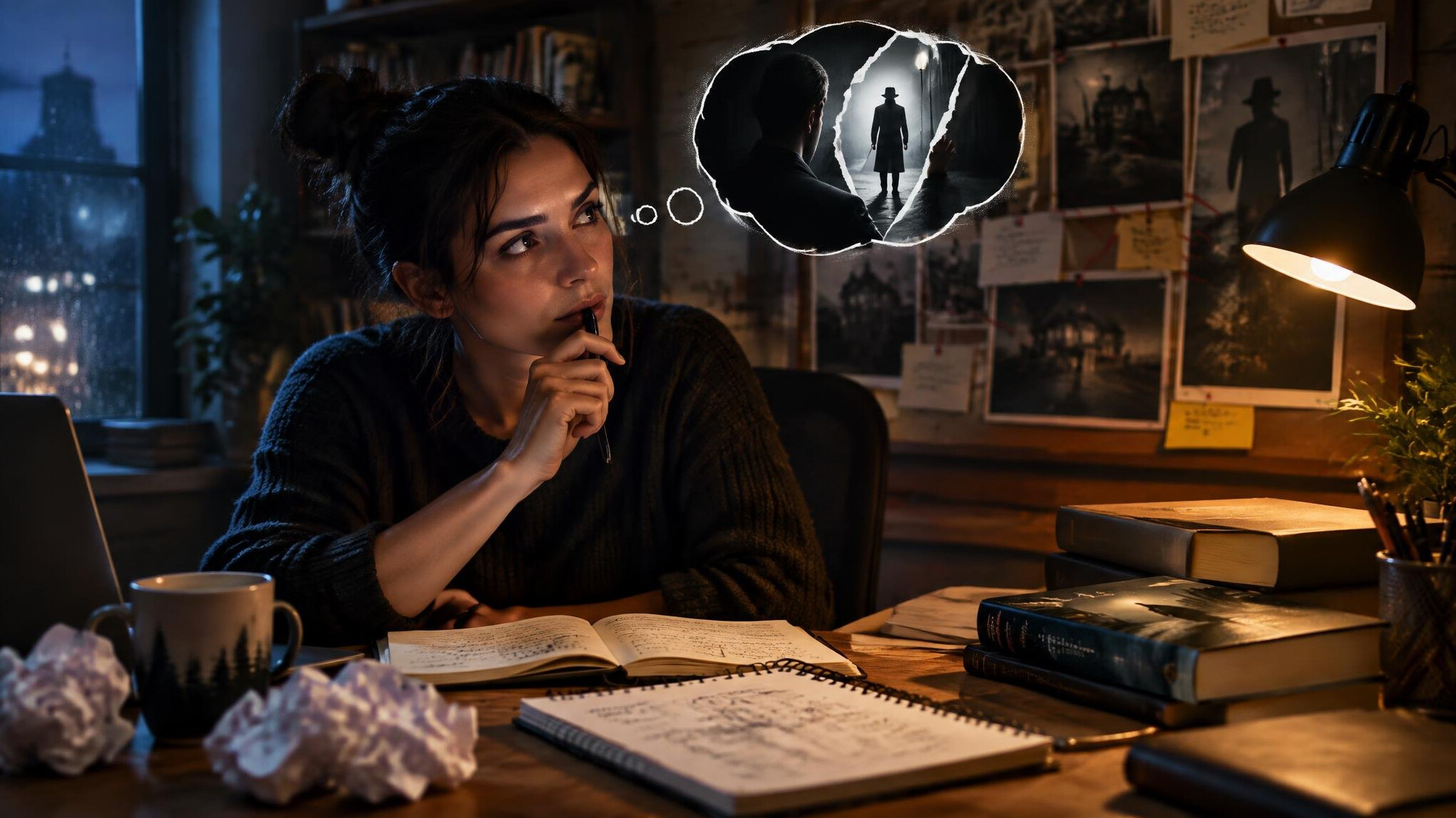 mystery writer at desk