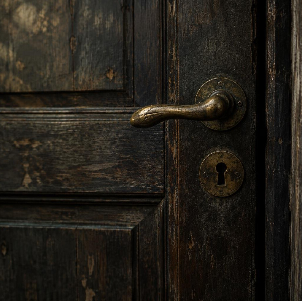 Old wooden door with a worn brass handle in dim light