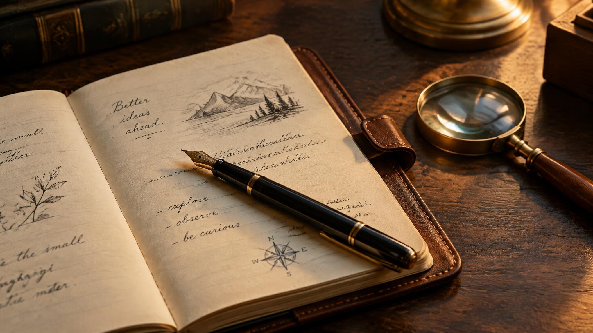 Open notebook with a fountain pen and magnifying glass on a wooden table