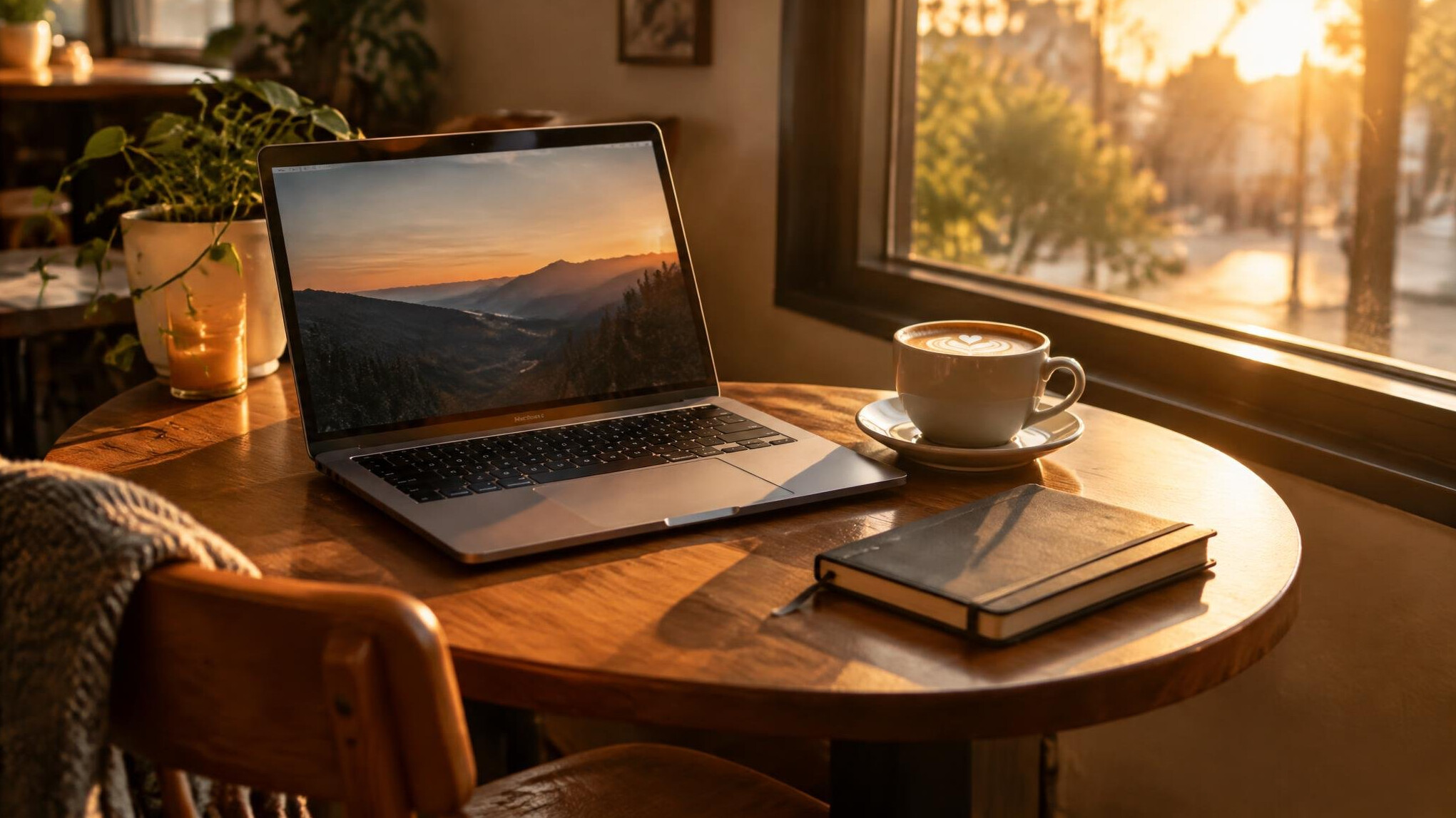 Cafe table with a laptop, notebook, and cup of coffee